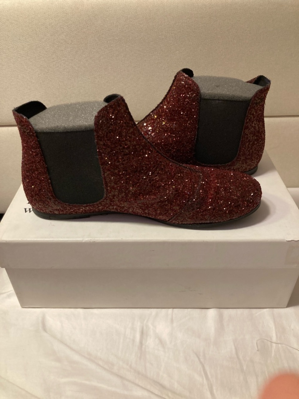 Pedro Garcia Gwen Red Garnet Glitter Chelsea Ankle Boots w/ Box
